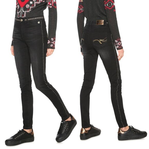 Desigual Exotic Hi-Rise Jeans Lightweight Embroidered Denim Black NEW READ - Picture 1 of 12